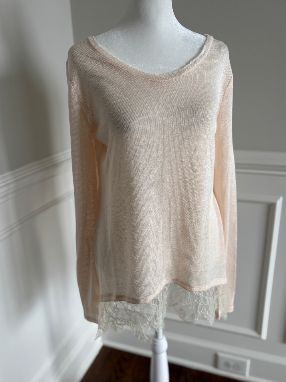 Cloud Chaser Sheer Lace-Hem Long Sleeve Top in Light Peach / blush pink